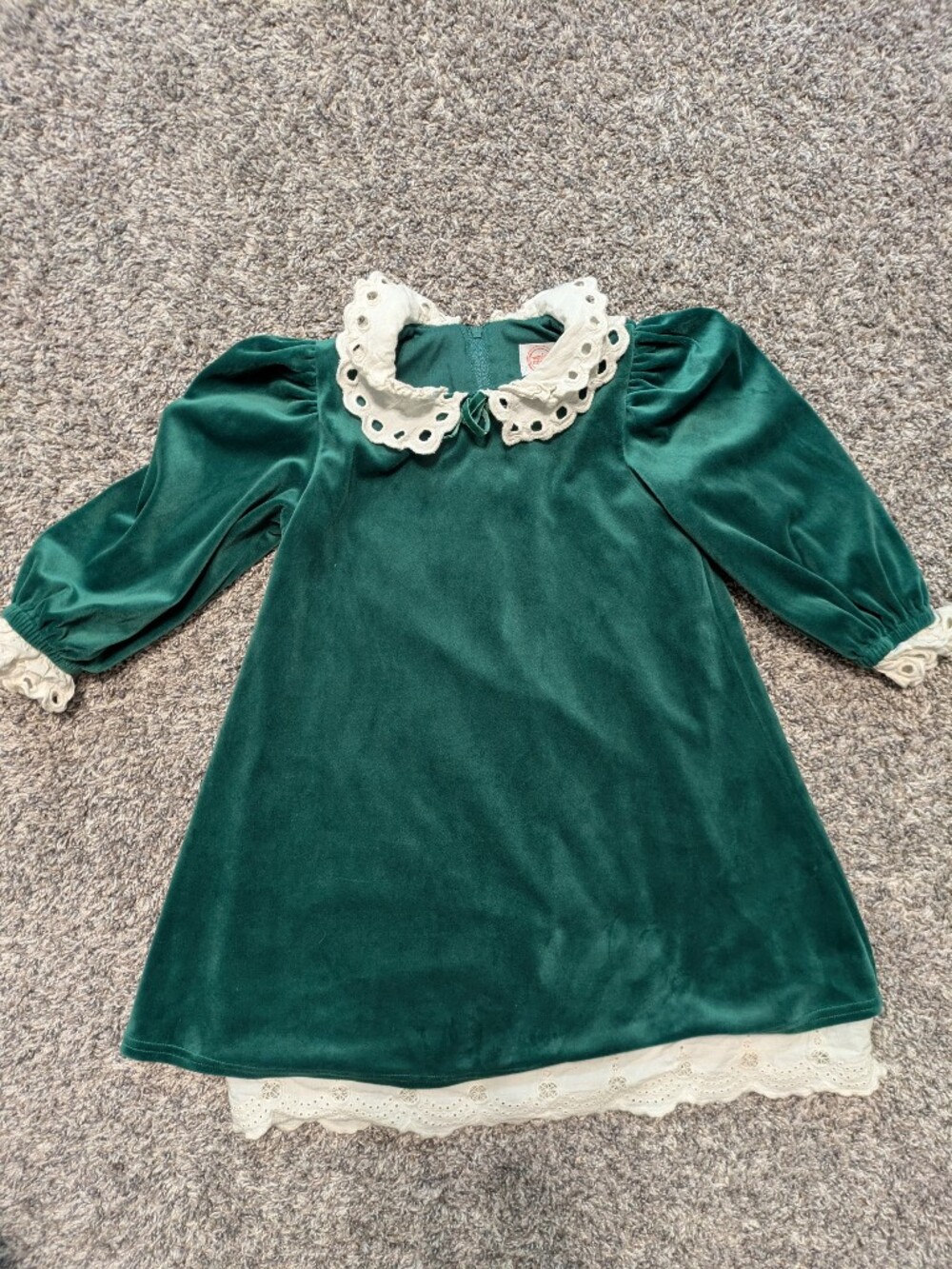 Green Velvety Dress with Cream Eyelet Collar And Detail